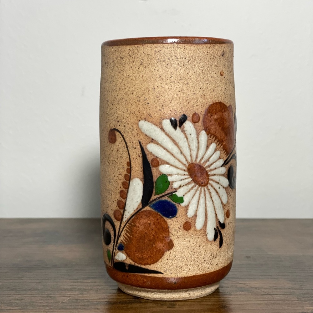 Vintage Tonala Mexican Pottery Cup Vase Hand Painted 6" Blue Brown